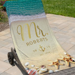 Vintage Tropical Beach Starfish Personalized Mr. Beach Towel<br><div class="desc">Personalized rustic mens beach towel featuring the ocean shoreline,  warm sand with a vintage twist,  two starfish,  seashells and an elegant gold effect Mr. template.</div>