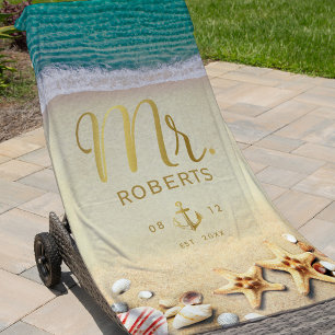 Vintage Tropical Beach Starfish Personalized Mr. Beach Towel