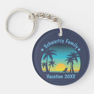 Vintage Tropical Beach Summer Sunset Palm Tree Keychain