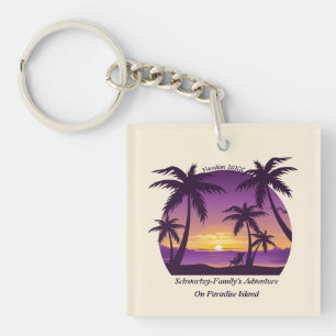 Vintage Tropical Beach Summer Sunset Palm Tree Keychain