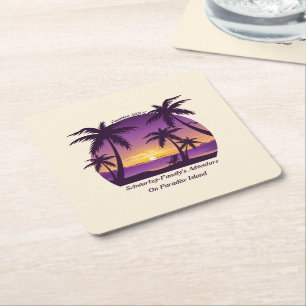 Vintage Tropical Beach Summer Sunset Palm Tree Square Paper Coaster