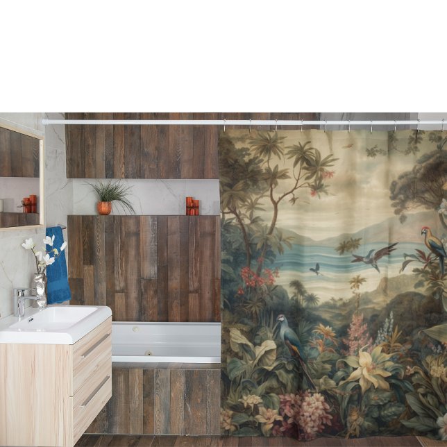 Vintage Tropical Bird Botanical Art | Luxury Shower Curtain (Creator Uploaded)