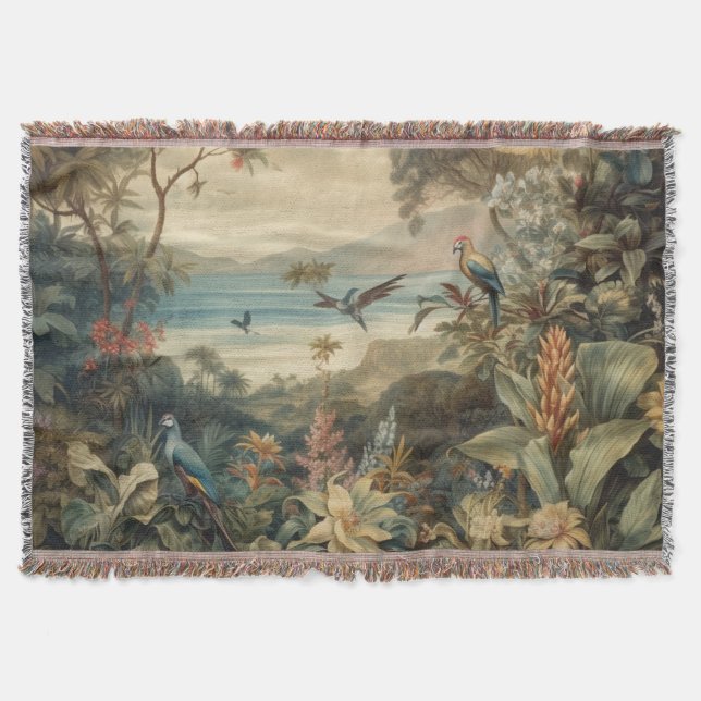Vintage Tropical Bird Botanical Art | Luxury  Throw Blanket (Front)