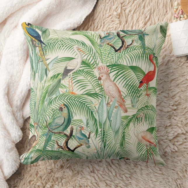 Vintage Tropical Birds and Palm leaves Throw Pillow (Blanket)