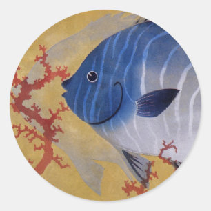 Vintage Tropical Blue Fish Coral Marine Ocean Life Classic Round Sticker