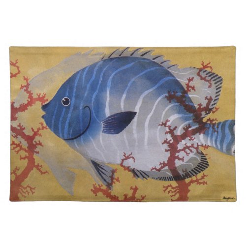 Vintage Tropical Blue Fish Coral Marine Ocean Life Cloth Placemat