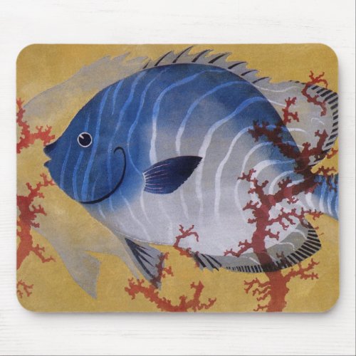 Vintage Tropical Blue Fish Coral Marine Ocean Life Mouse Pad