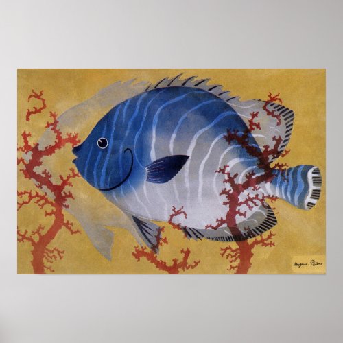 Vintage Tropical Blue Fish Coral Marine Ocean Life Poster