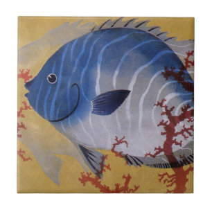 Vintage Tropical Blue Fish Coral Marine Ocean Life Tile