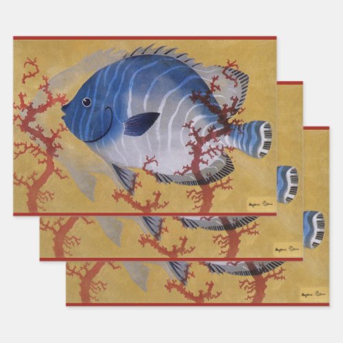 Vintage Tropical Blue Fish Coral Marine Ocean Life Wrapping Paper Sheets