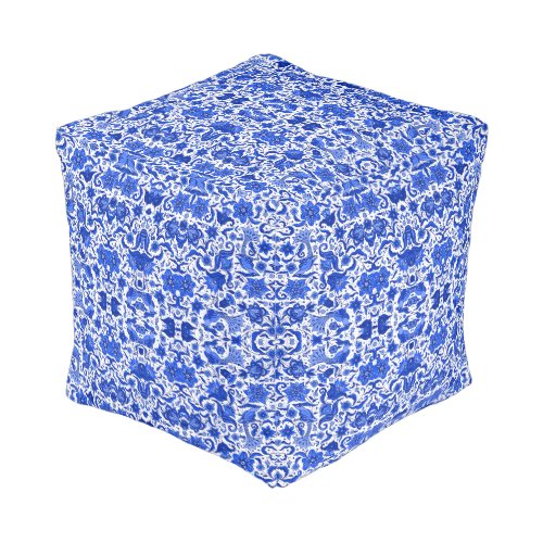 VINTAGE TROPICAL BLUE FOLK CUBE POUF