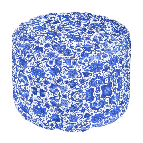 VINTAGE TROPICAL BLUE FOLK ROUND POUF