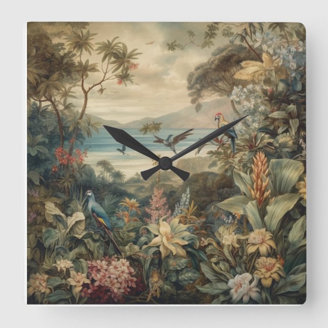 Vintage Tropical Botanical Paradise Art | Square Wall Clock (Front)