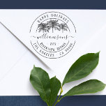 Vintage Tropical Christmas Return Address Rubber Stamp<br><div class="desc">This round tropical Christmas stamp features a double frame broken in two. On the top is reads Happy Holidays, which you can easily change into Merry Christmas or Season´s Greetings. On the bottom there is an address. All in elegant, vintage font. The center of the stamp features fine palm trees...</div>