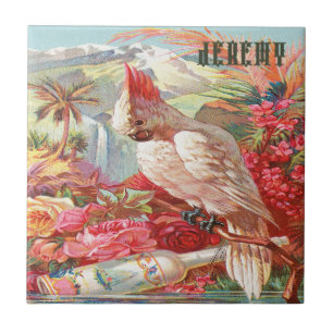 Vintage Tropical Cockatoo Poster Ceramic Tile
