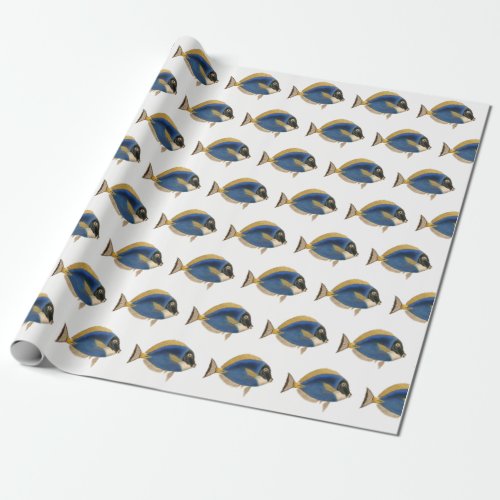 Vintage Tropical Fish Drawing Blue Gold Tissue Pap Wrapping Paper