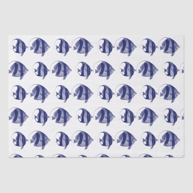 Vintage Tropical Fish Drawing Blue Striped Tissue Paper (Front)