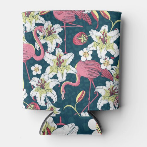 Vintage Tropical Flamingoes Lilies Pattern Can Cooler