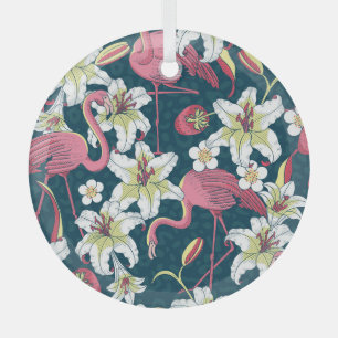 Vintage Tropical Flamingoes Lilies Pattern Glass Ornament