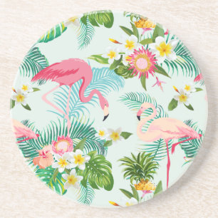 Vintage Tropical Flowers And Birds Sandstone Coaster