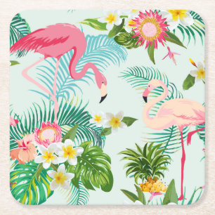 Vintage Tropical Flowers And Birds Square Paper Coaster