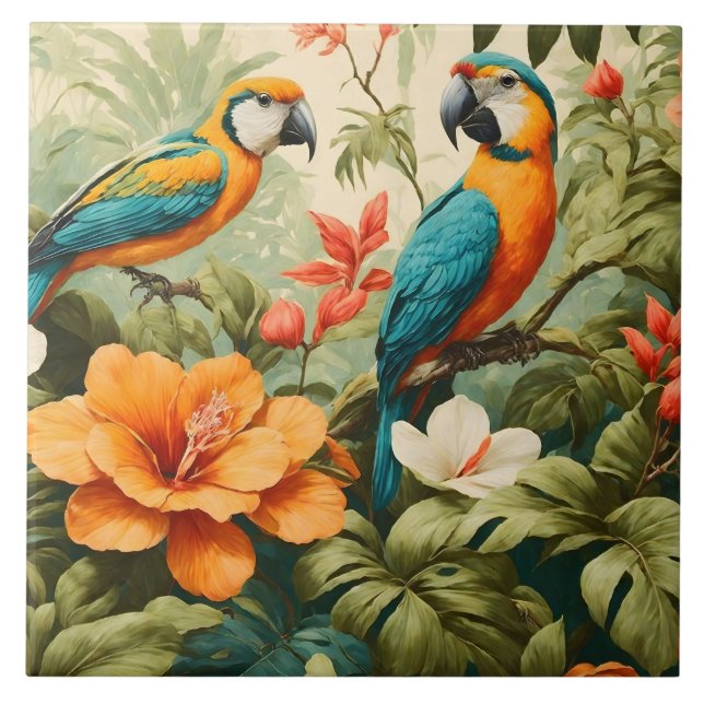Vintage Tropical Flowers, Plants and Parrots Ceramic Tile (Front)