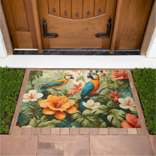 Vintage Tropical Flowers, Plants and Parrots Doormat