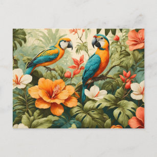 Vintage Tropical Flowers, Plants and Parrots Postcard