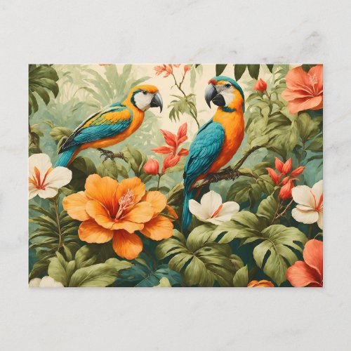 Vintage Tropical Flowers Plants and Parrots Postcard