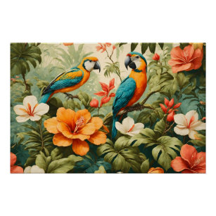 Vintage Tropical Flowers, Plants and Parrots Poster