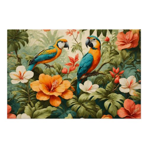 Vintage Tropical Flowers Plants and Parrots Poster