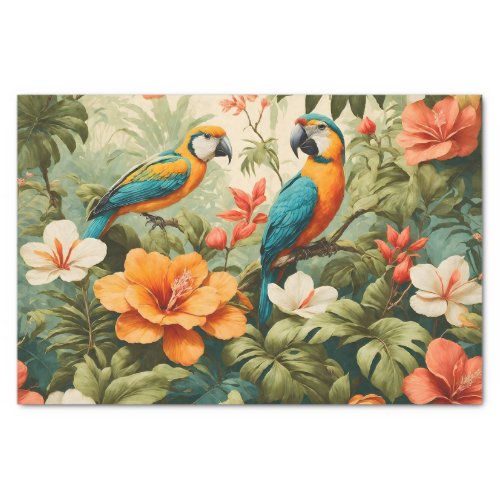 Vintage Tropical Flowers Plants and Parrots Tissue Paper