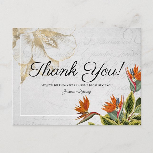 Vintage Tropical Flowers Thank You Postcard (Front)