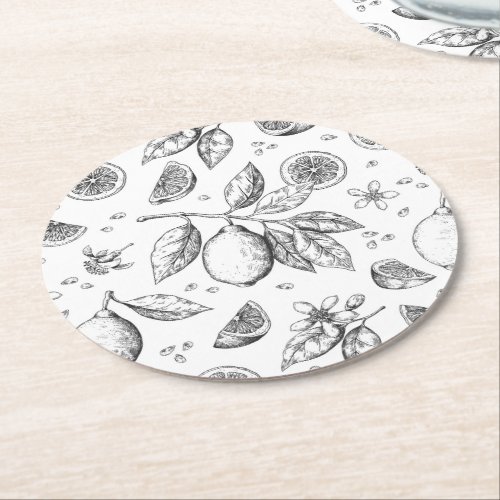 Vintage Tropical Fruit Lemon Floral Pattern Round Paper Coaster