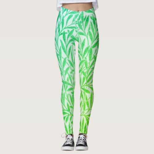 Vintage Tropical Green Willow Leaves Botanical Leggings