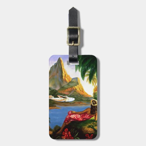 Vintage Tropical Hawaiian Sea Plane Palm Tree Luggage Tag