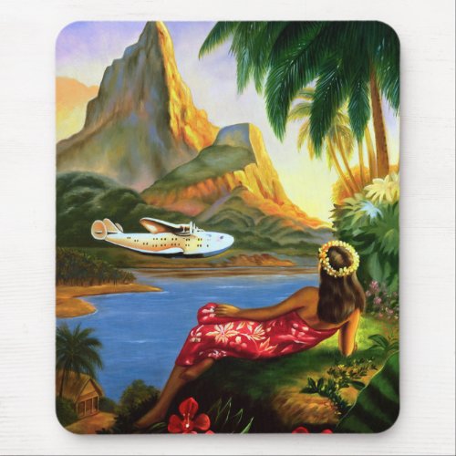 Vintage Tropical Hawaiian Sea Plane Palm Tree Mouse Pad