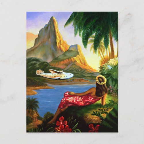 Vintage Tropical Hawaiian Sea Plane Palm Tree Postcard