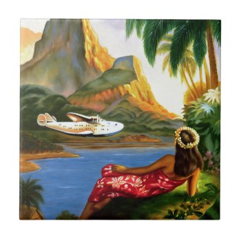 Vintage Tropical Hawaiian Sea Plane Palm Tree Tile by AVintageLife at Zazzle