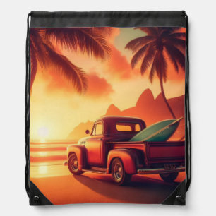 vintage tropical/Hawaiian surf truck Drawstring Bag