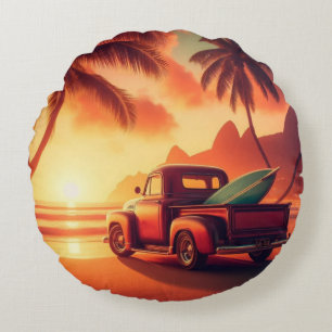 vintage tropical/Hawaiian surf truck Round Pillow