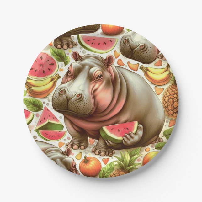 Vintage Tropical Hippopotamus Pattern Paper Plates (Front)