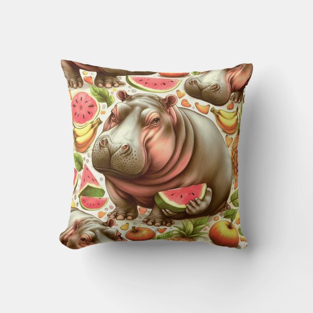 Vintage Tropical Hippopotamus Pattern Throw Pillow (Front)