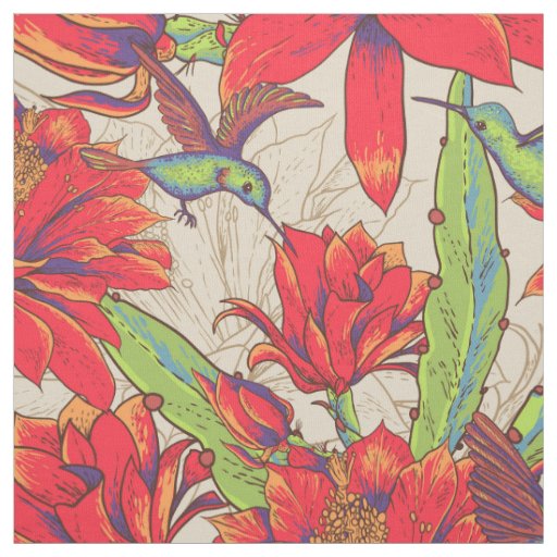 Vintage tropical hummingbird and cactus flower fabric