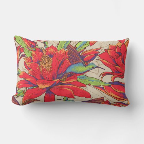Vintage tropical hummingbird and cactus flower lumbar pillow
