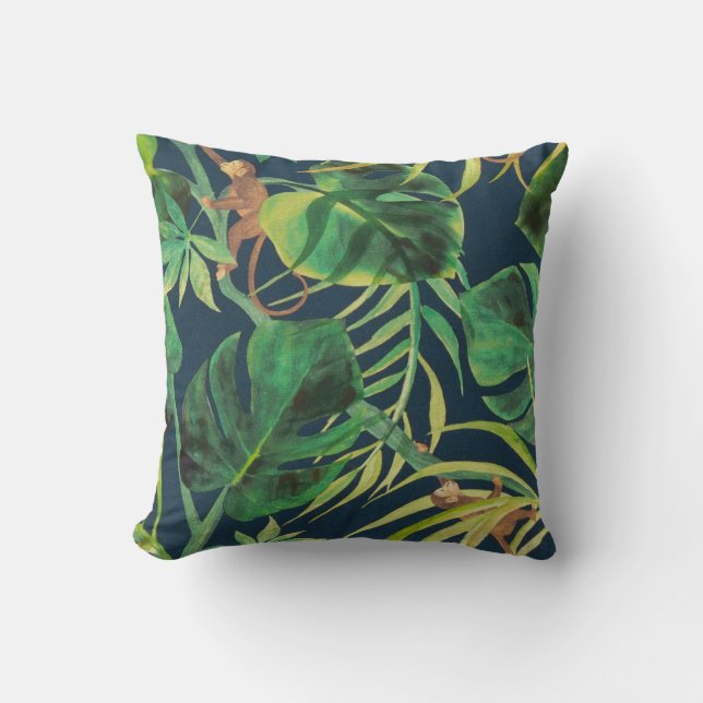 Vintage Tropical Jungle Monkey Throw Pillow (Front)