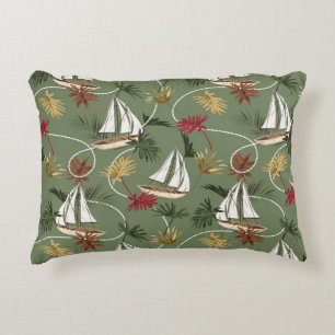 Vintage tropical leaves, boat, and sailor rope sea accent pillow