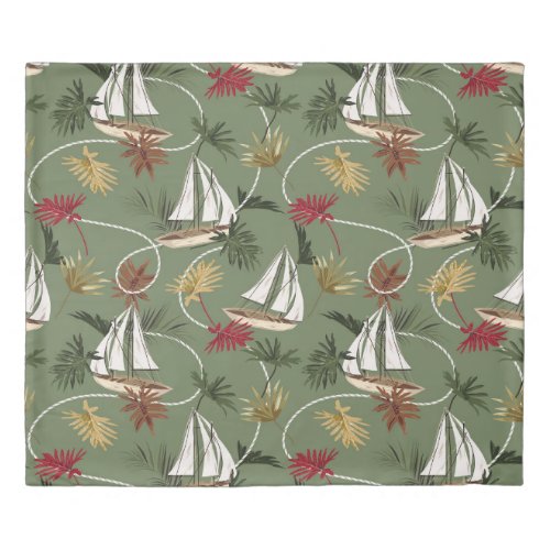 Vintage tropical leaves boat and sailor rope sea duvet cover