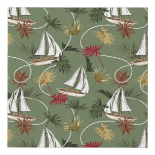 Vintage tropical leaves, boat, and sailor rope sea faux canvas print