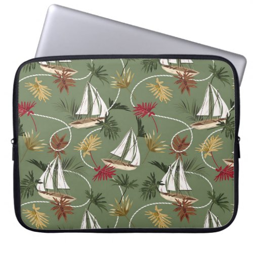 Vintage tropical leaves boat and sailor rope sea laptop sleeve